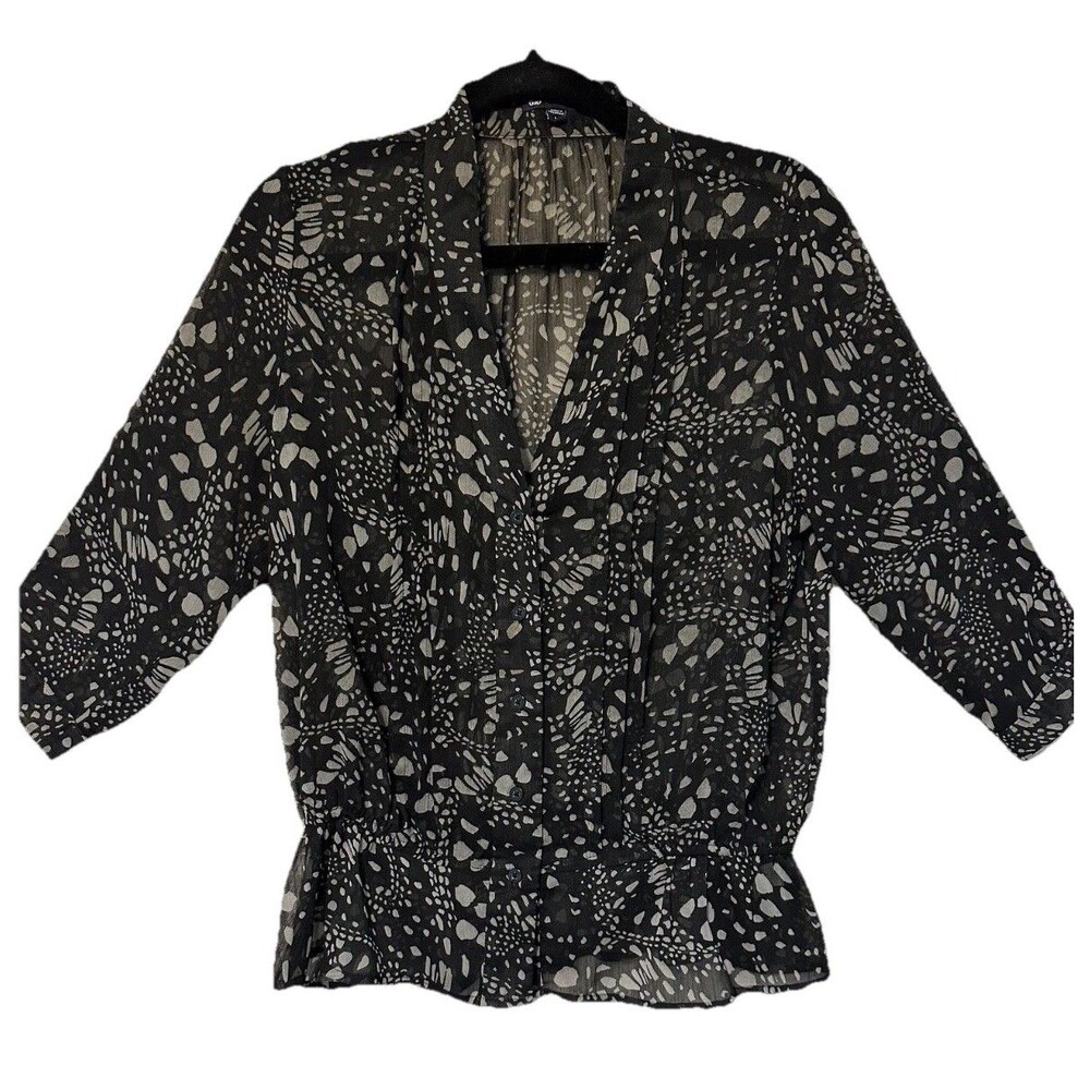 GAP Women's Size Medium Short Puff Sleeve Top Blouse Shirt Black/Gray